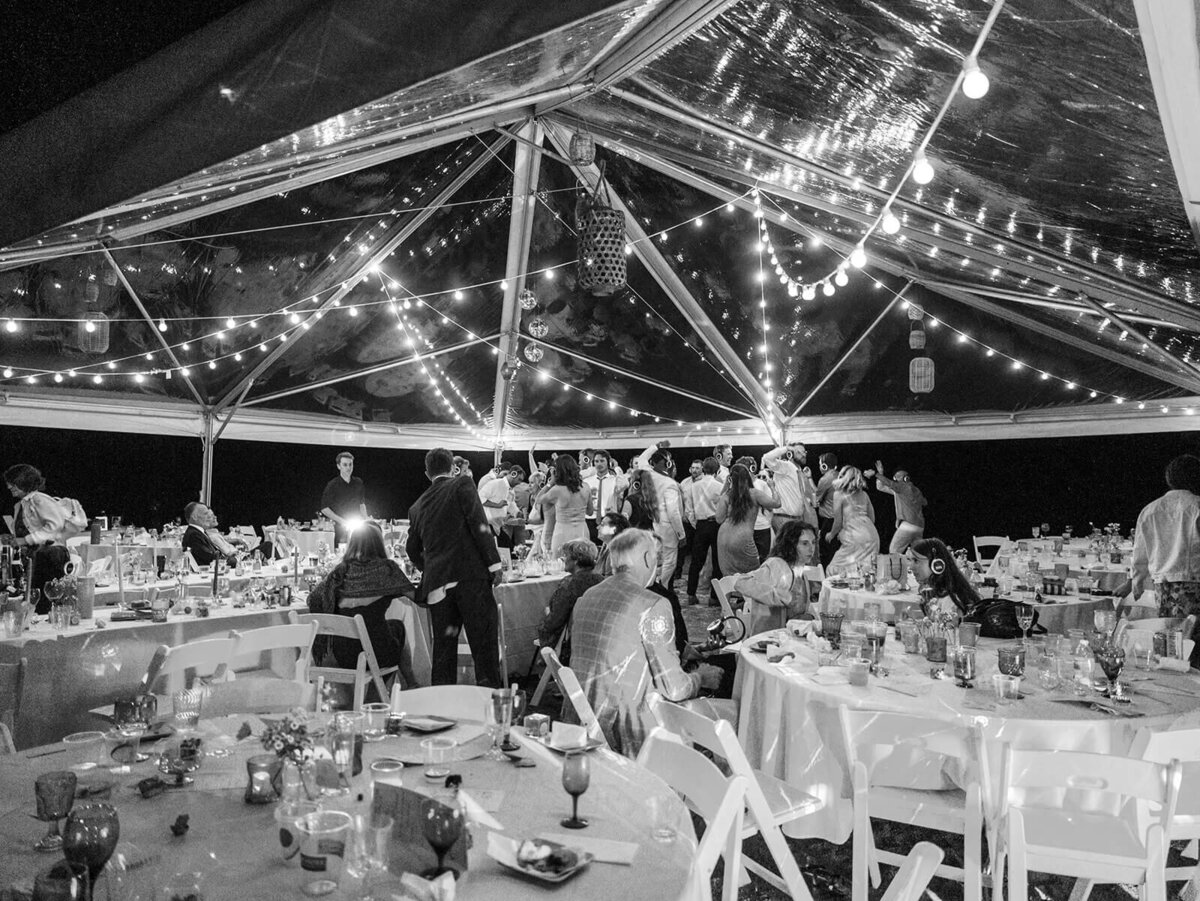 A wedding reception at night. 