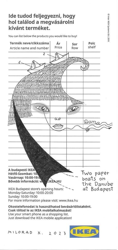 Ikea_Drawing_0003_100x210mm_Two Paper Boats on the Danube at Budapest 2023