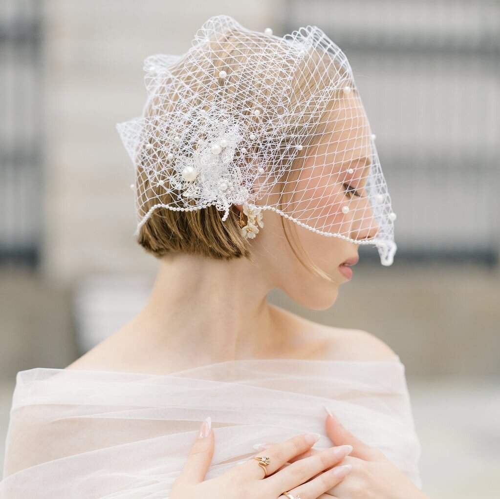 Handmade birdcage veil perfect for short hair brides seeking vintage charm
