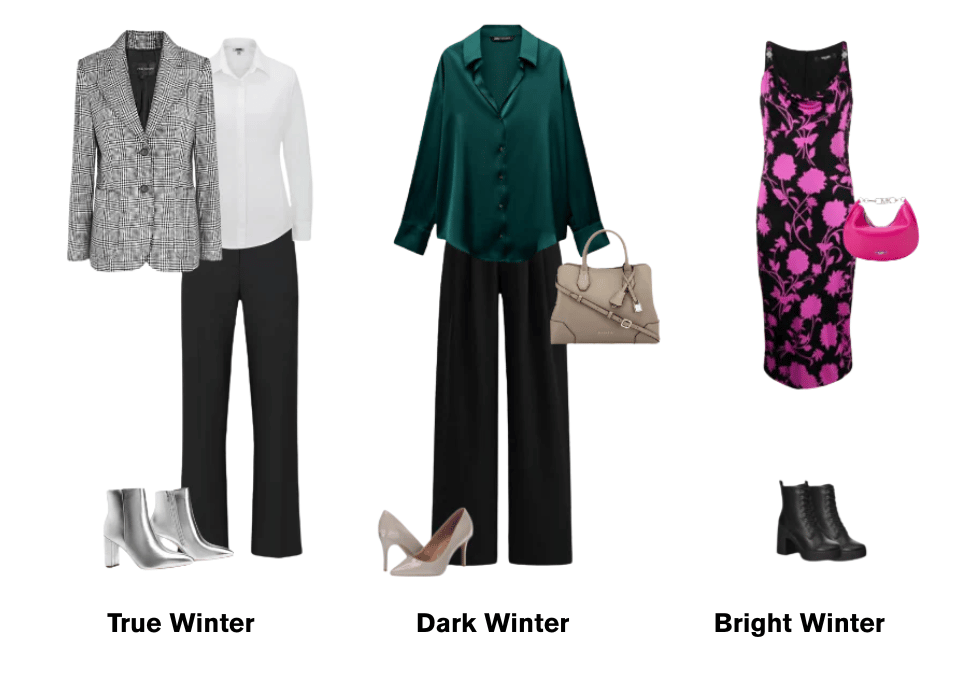 Chart comparing how the Winter season wears black effortlessly versus how the Autumn season softens black with gold.