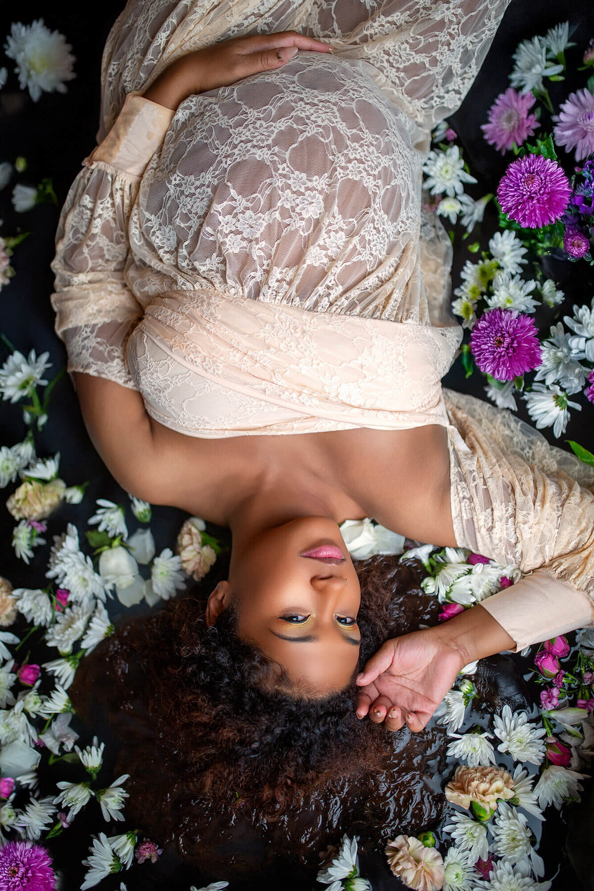Couture flower water bath maternity studio session in Tampa, FL with Sarah Wyndham Photography