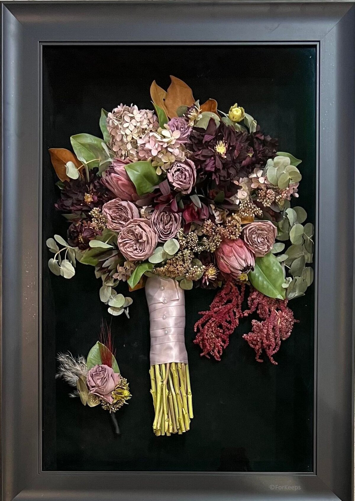 Wedding bouquet preserved in 3D frame.