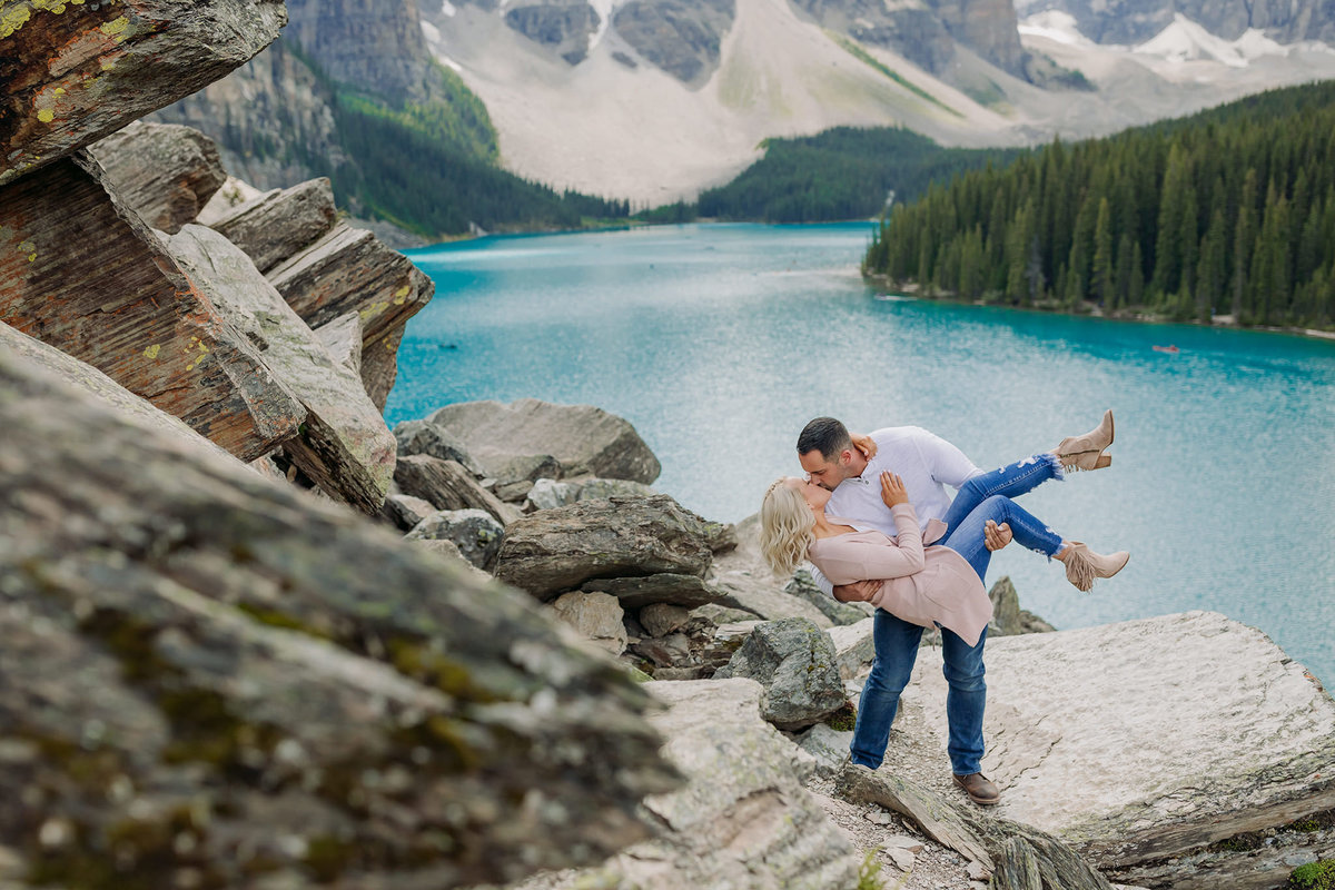playful fun moraine lake engagement pictures