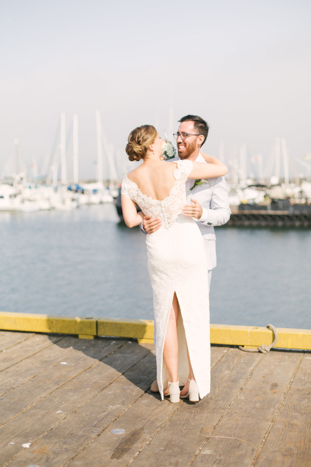 Bride and Groom at Santa Barbara Harbor for wedding at the Maritime Museum