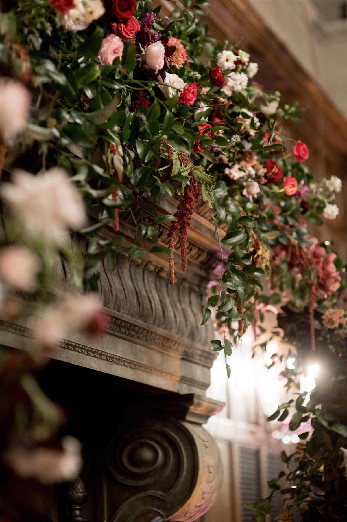 Kate-Murtaugh-Events-Harvard-Club-moody-fall-florals-mantle-fireplace-Boston-wedding-planner