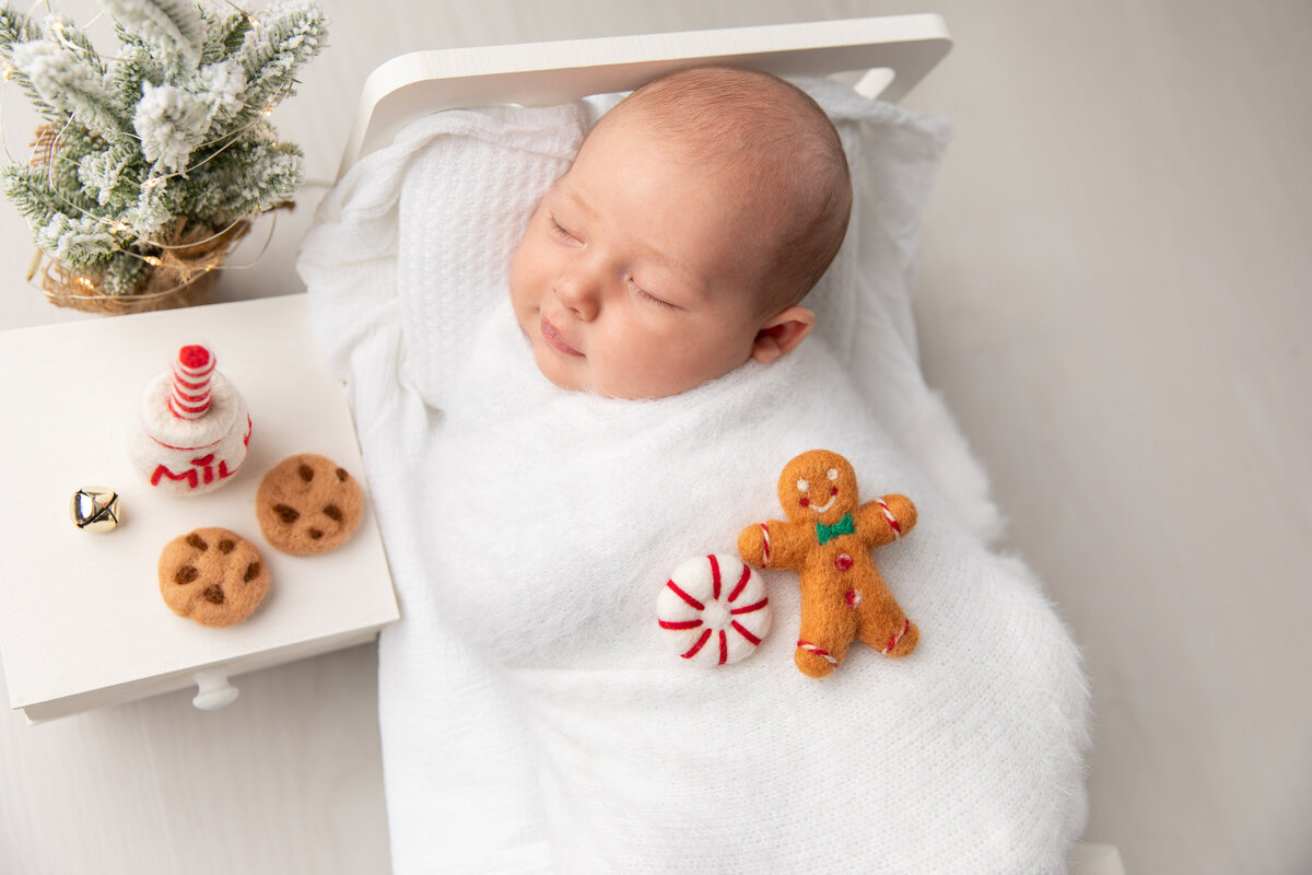 newborn wrapped with Christmas decor