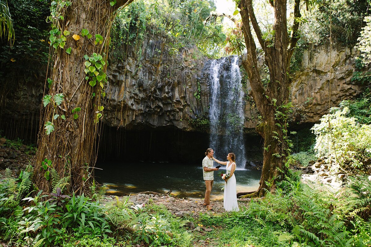 A bride and groom stand together during their Hawaii ceremony in front of a large waterfall.