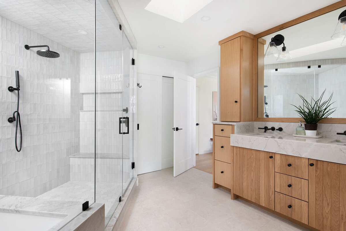 Hello Home modern bathroom remodel neutral wood and tile 6