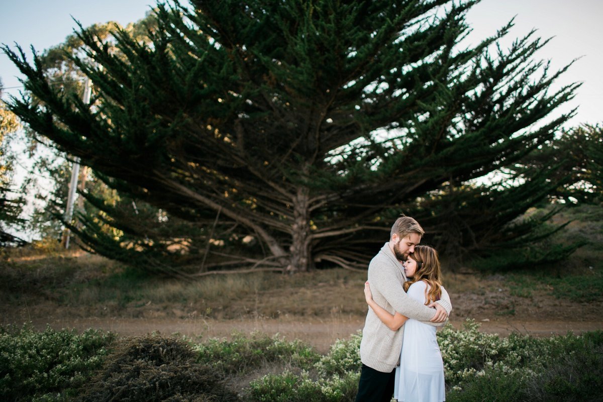 Engaged couple embrace one another in front of a large green tree