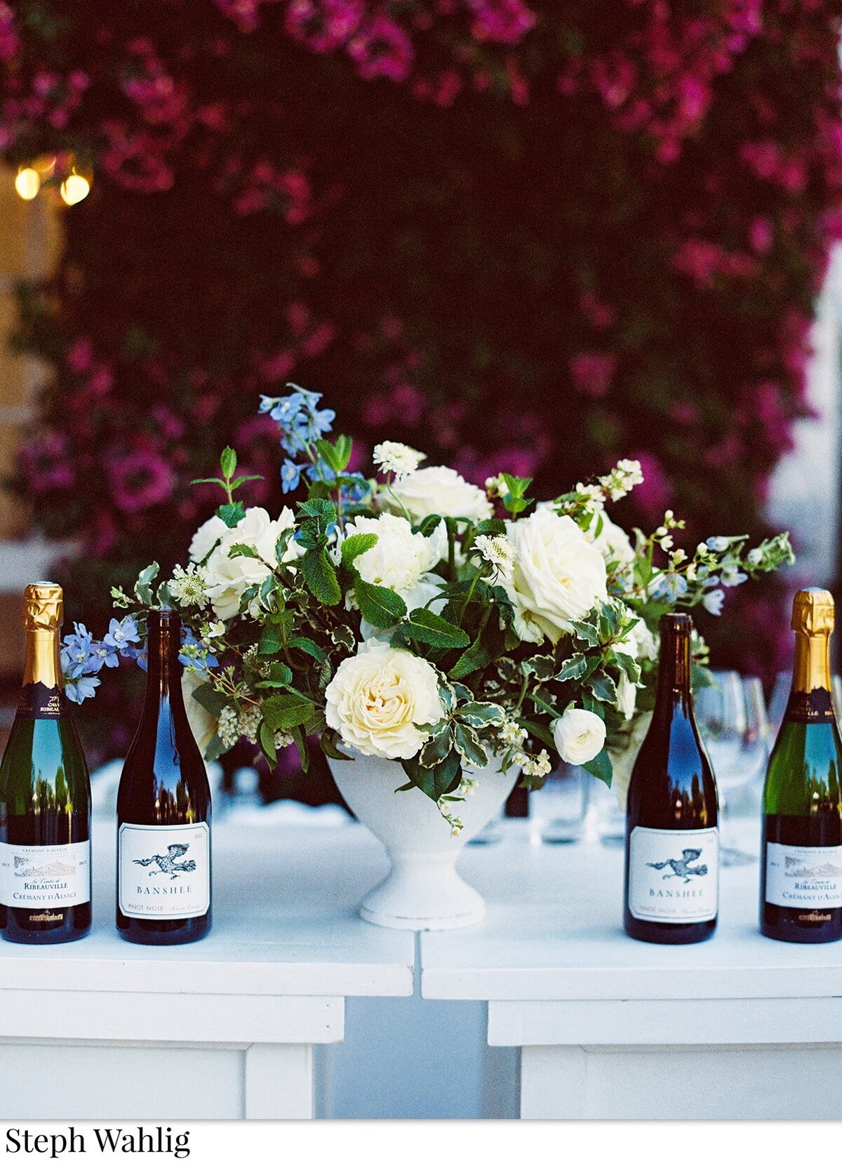 blue, white, wine, bar, footed dish arrangement, florist, flowers, bay area wedding, 