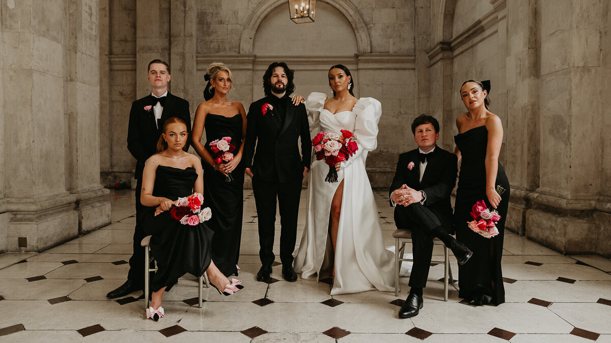A group shot of the wedding party at City Hall in Dublin.