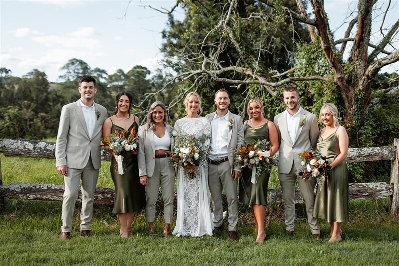 "Join the joyous celebration as Maddi & Jeremy, surrounded by their lively groomsmen and radiant bridesmaids, capture unforgettable moments during their photoshoot.