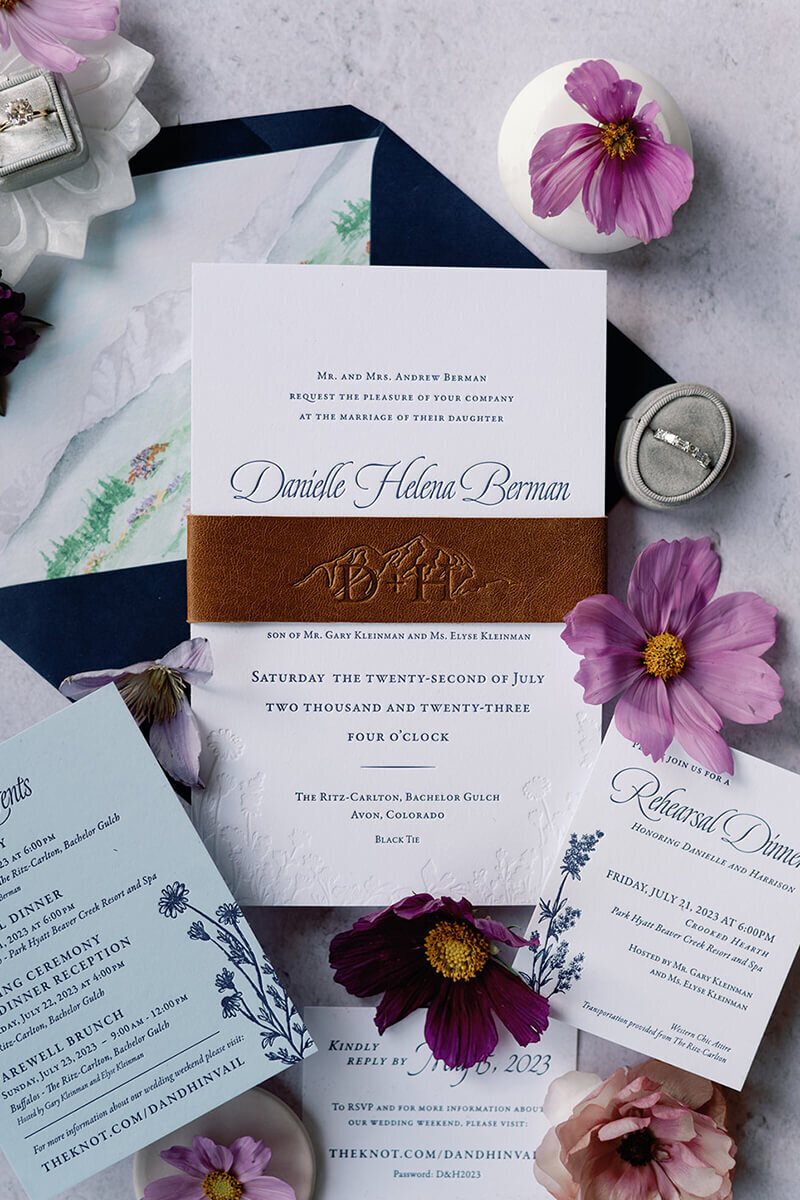 Luxury Wildflower mountain leather wedding invitations