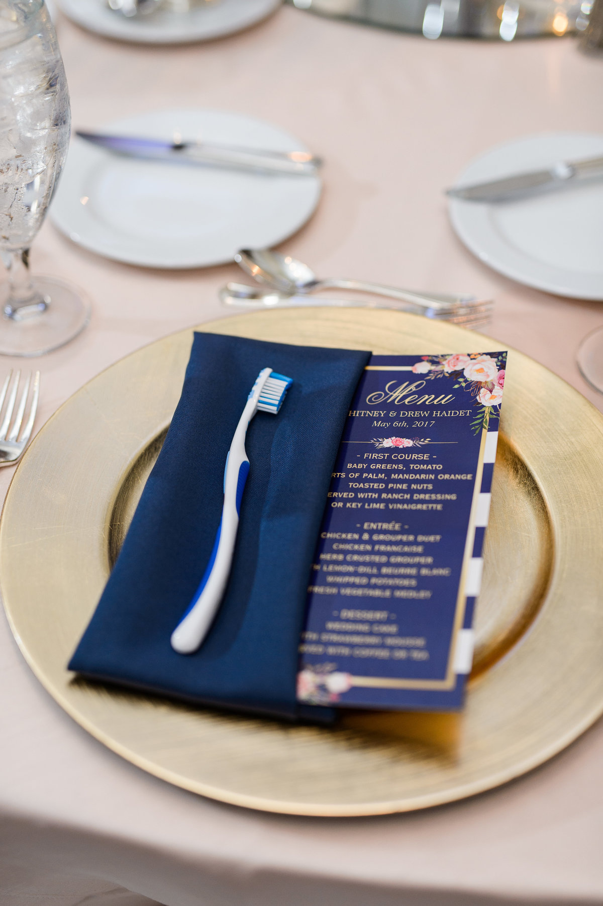 menu and toothbrush wedding favors