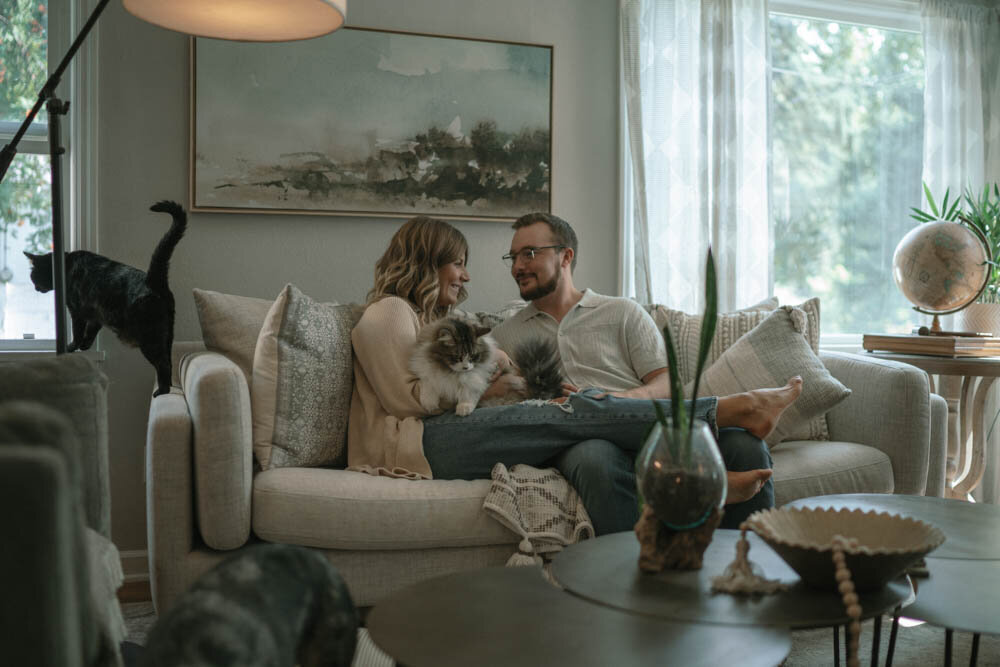 A cozy at-home couples session in Washington, capturing quiet, intimate moments filled with love and connection.