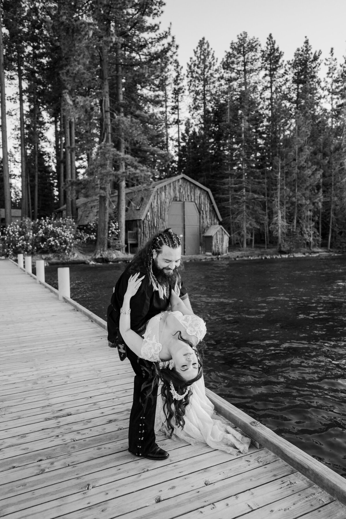 A couple taking sunset portraits at Valhalla in Lake Tahoe