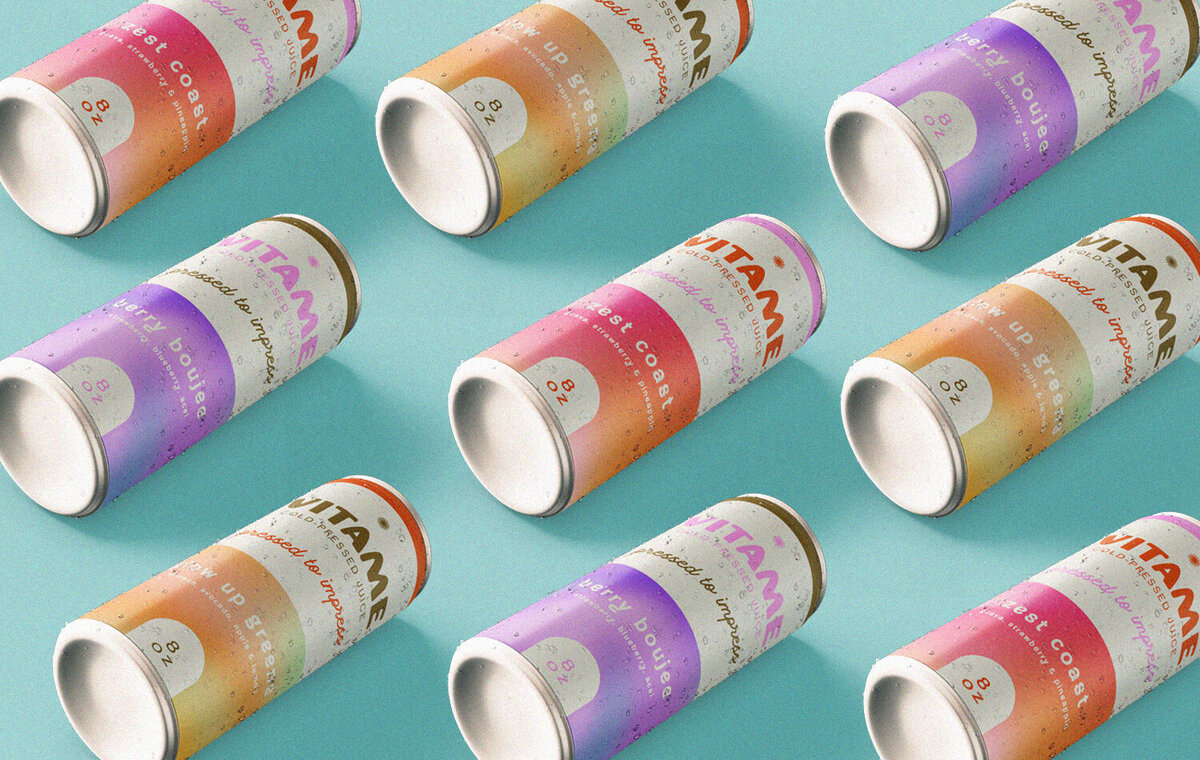 Complete beverage packaging design for a cold-pressed juice brand, bringing fresh energy and a bold aesthetic. A visually appealing design that captures the personality of Vitame.