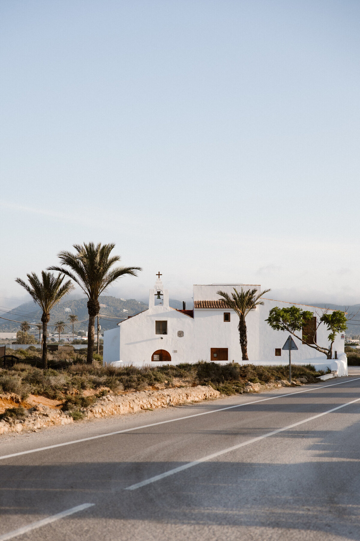 White church near the road in Salinas, Ibiza