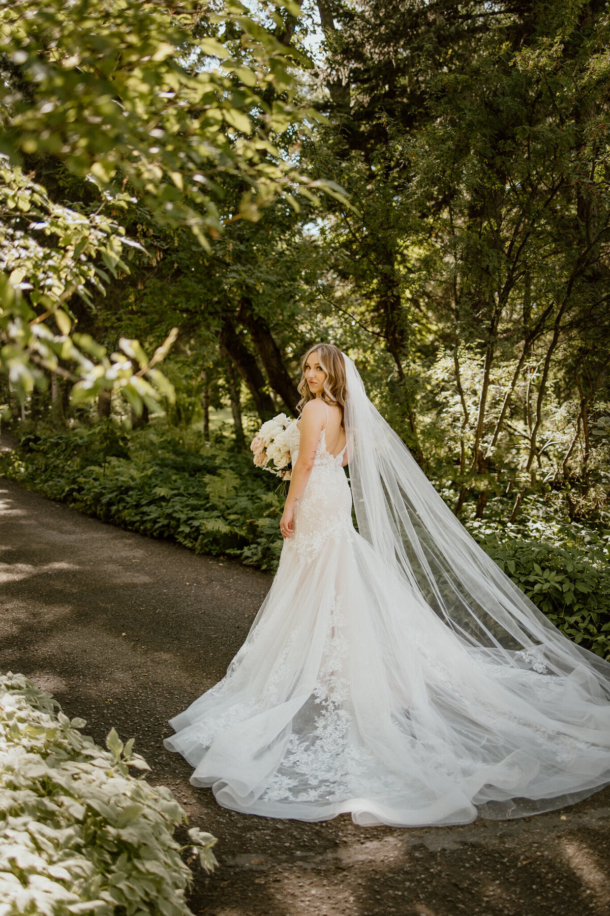 Beautiful, elegant bride on the tree lined pathway of The Norland Historic Estate, captured by Love and be Loved Photography, authentic and natural wedding photographer and videographer in Lethbridge, Alberta. Featured on the Bronte Bride Vendor Guide.