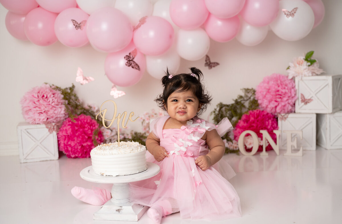 pink butterfly first birthday cake smash