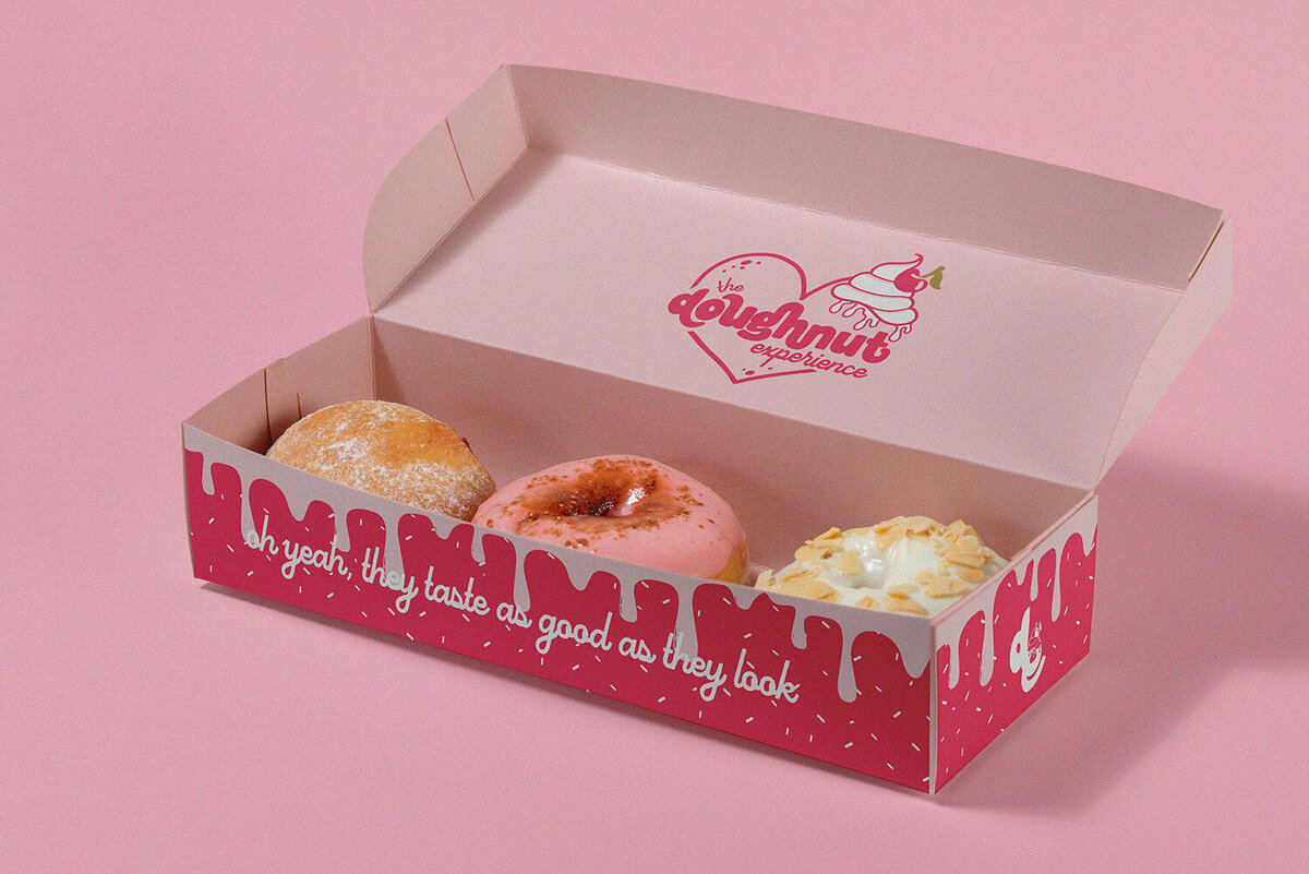 Packaging design for doughnut brand bakery brand vibrant, cheeky, colorful packaging for doughnuts and pastries. Features hand lettering and hand illustrated elements. Lets work together to create jaw dropping packaging that is unique and sets you apart from the crowd