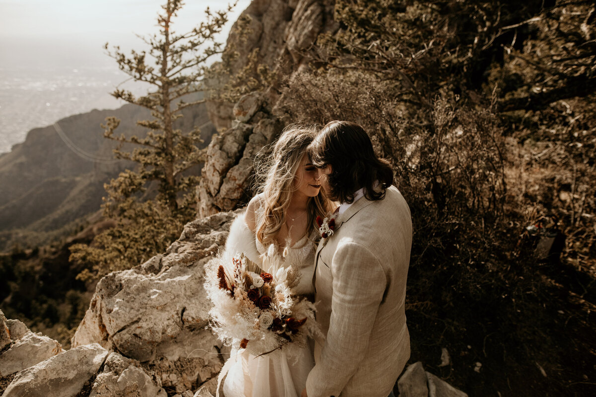 bride and groom standing together at the Sandia Peak
