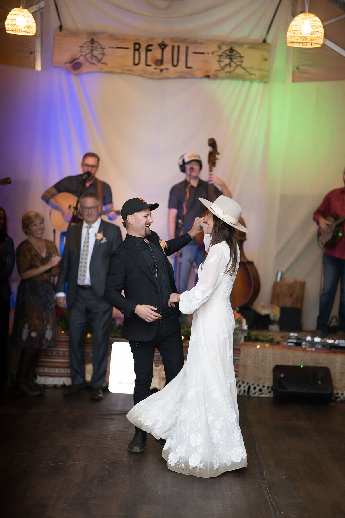 Bride and groom dance at their wedding in Aspen, Colorado,