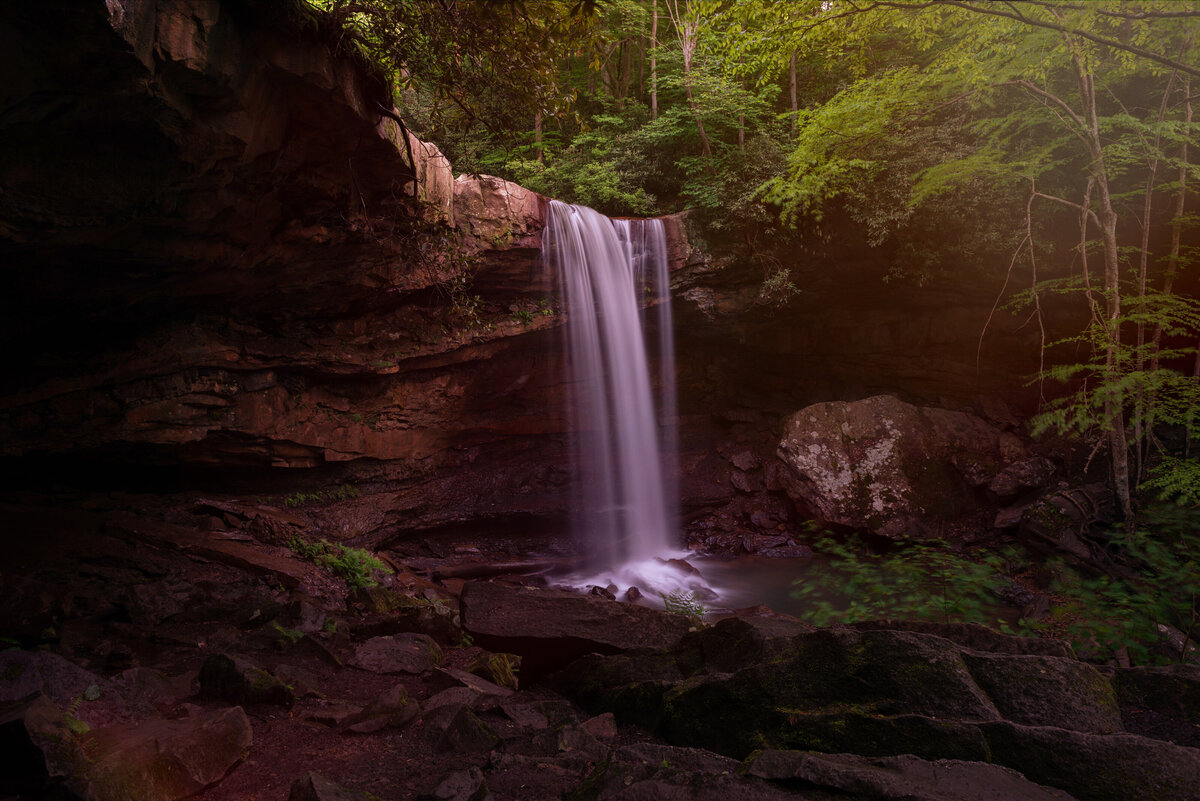 Long exposure photo of Cucumber Falls waterfall in Ohiopyle State Park. Located in Ohiopyle, Pennsylvania. Photo taken by Aaron Aldhizer