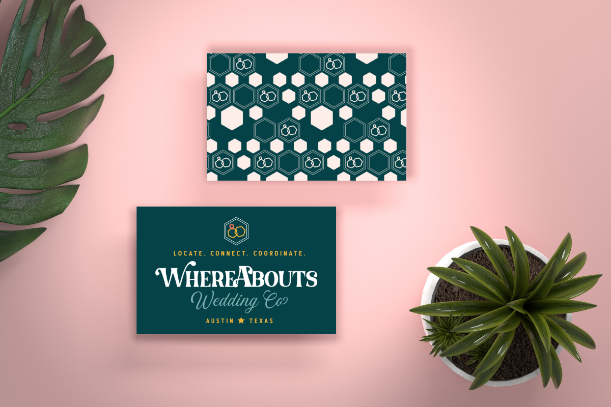 Custom logo design in a business card for WhereAbouts Wedding Co, a wedding venue sourcing and coordination in Austin