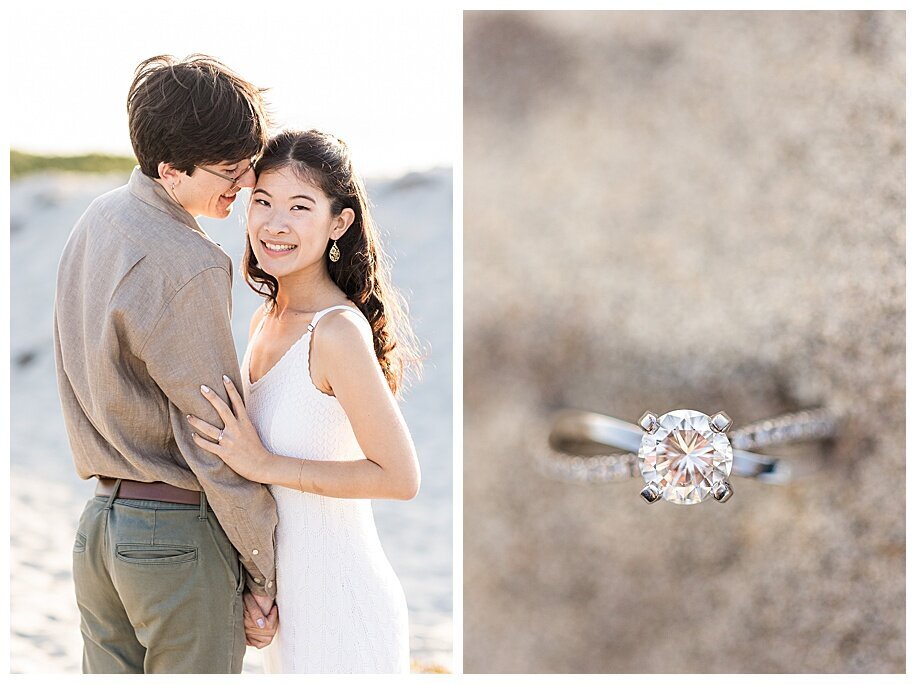 engagement ring and couple hugging