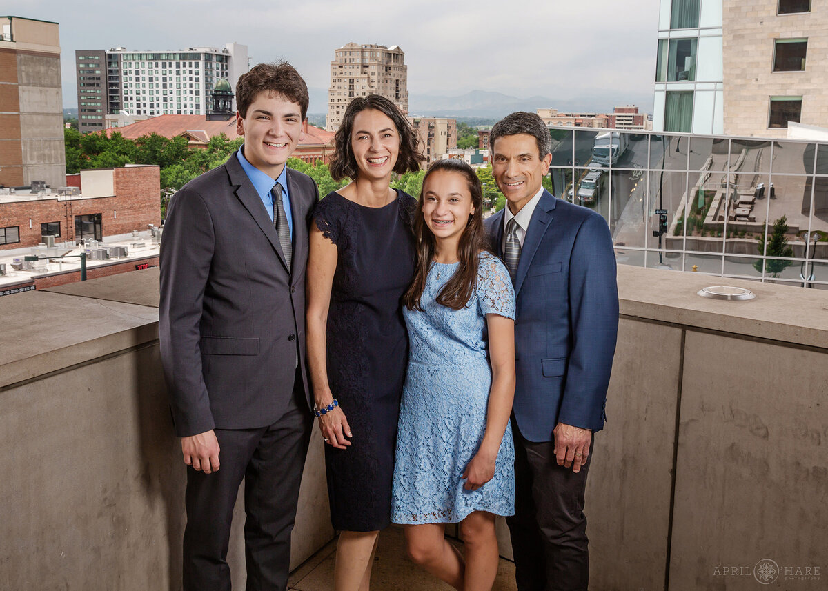 Family Photo on the Deck at a Bat Mitzvah Party in Denver Colorado
