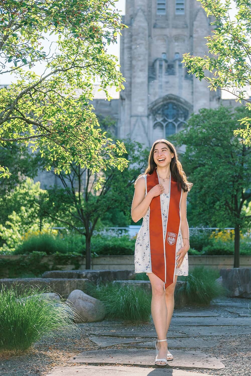 Cap and gown photos at the University of Chicago in front of Rockefeller Chapel