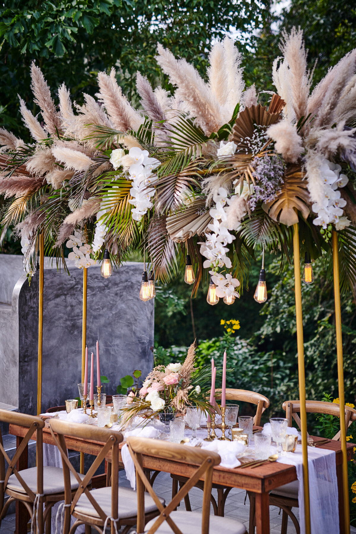 Wedding Tablescape with pampas and tropical flowers