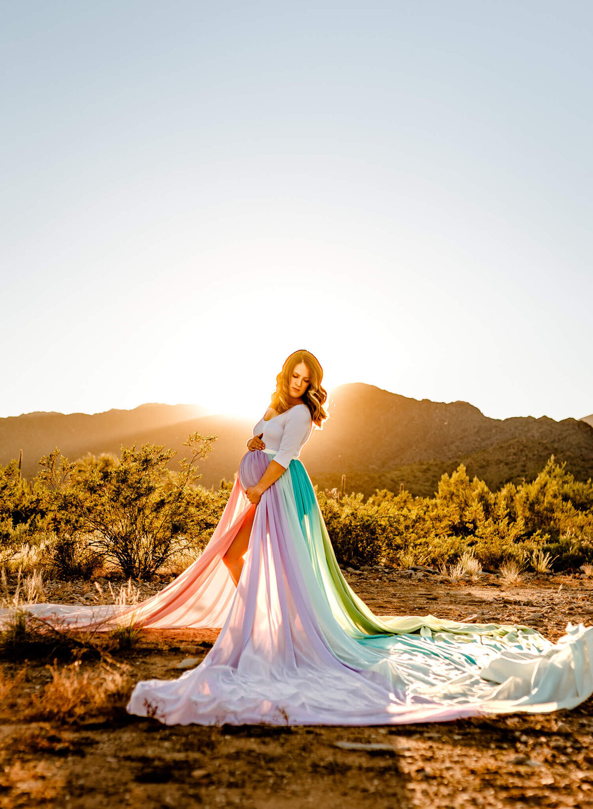 Arizona desert rainbow baby maternity session by photographer Amber