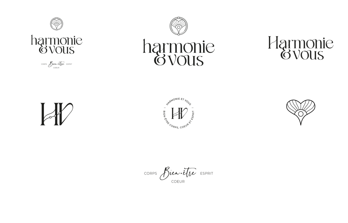 Logo Harmonie et vous et ses déclinaisons : wordmark, monogramme, tampon, symbole, baseline.