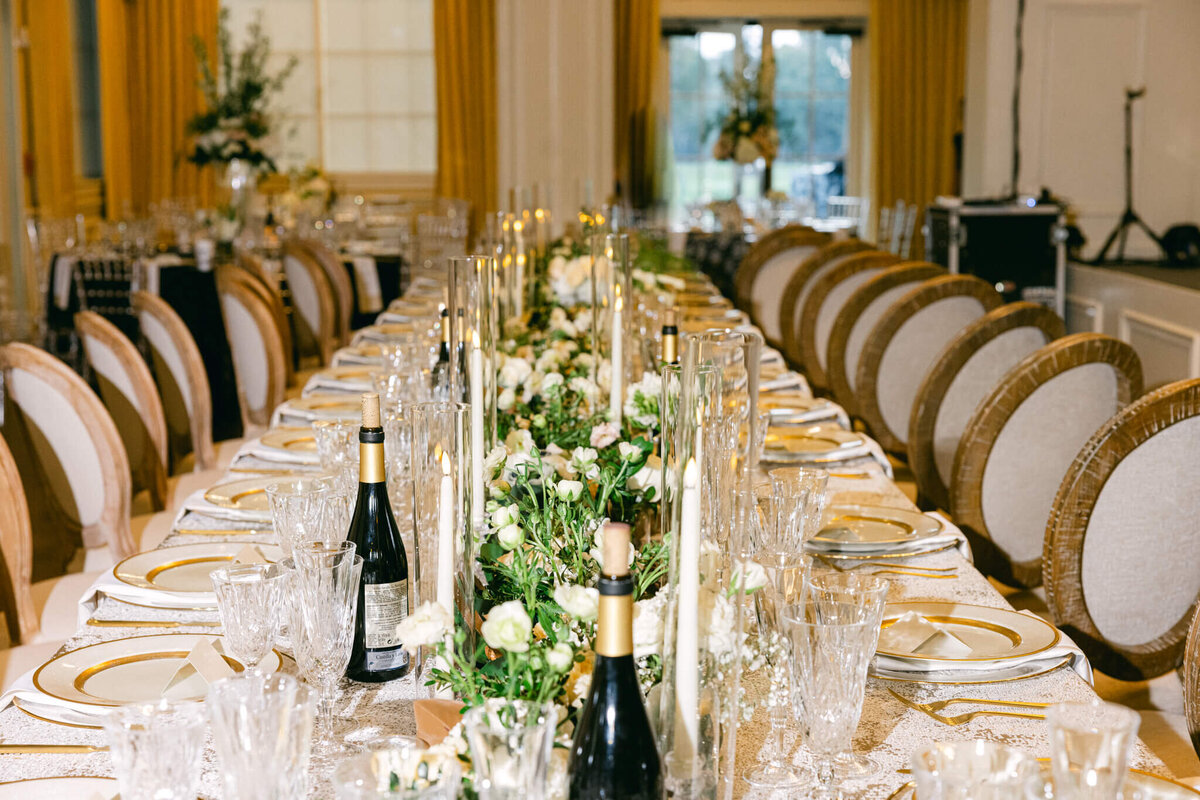 A wedding day photo showing off the tables in the reception hall for the wedding