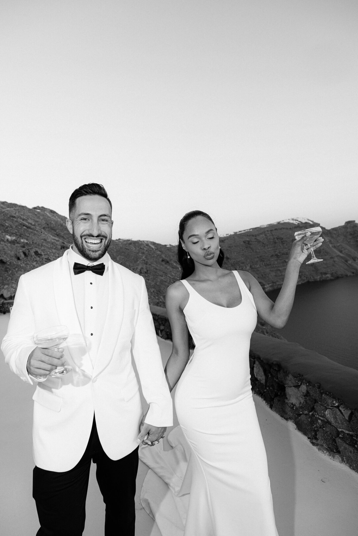 Black and white portrait of bride and groom in Santorini Greece