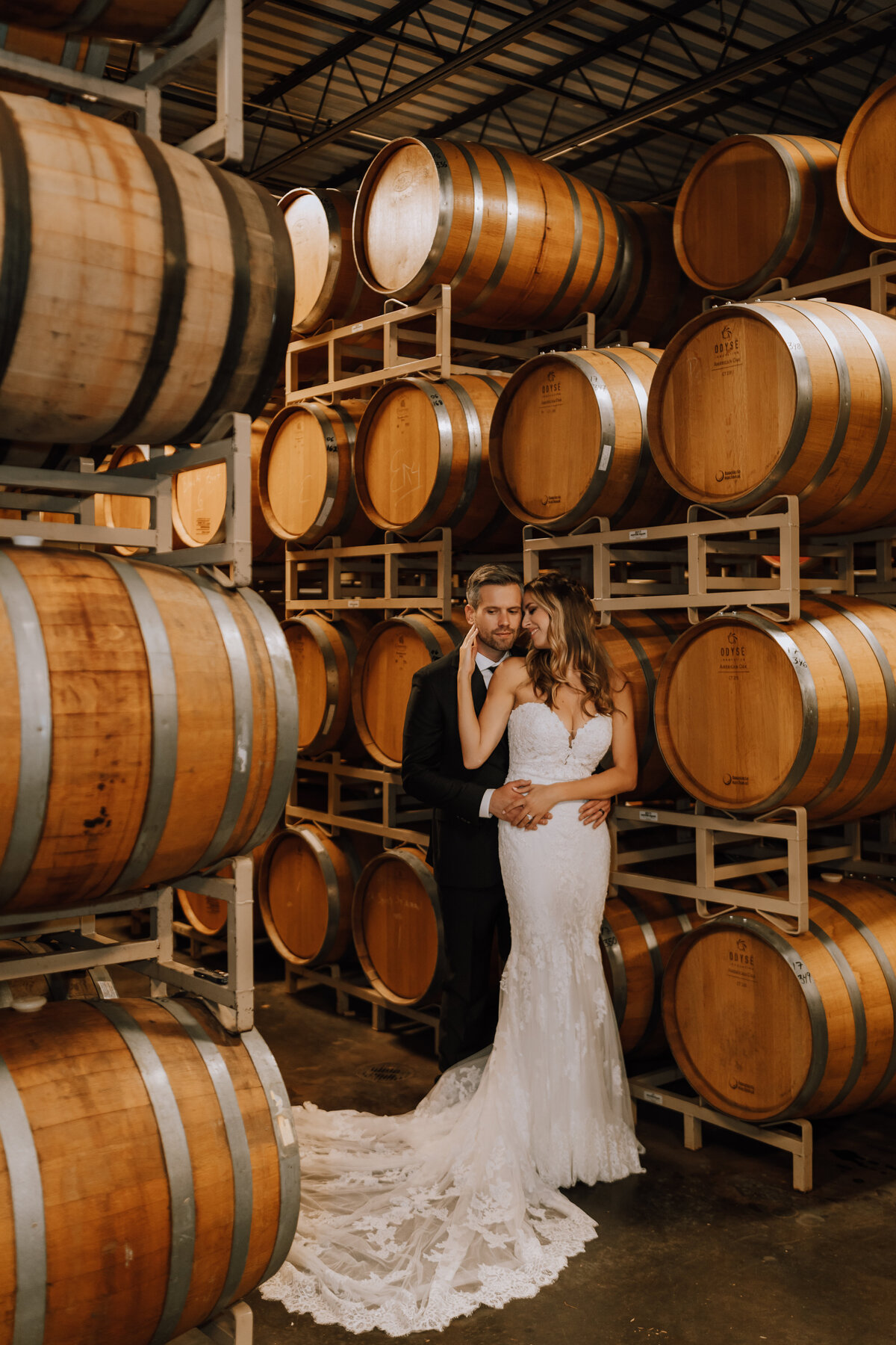 bride and groom in cellar