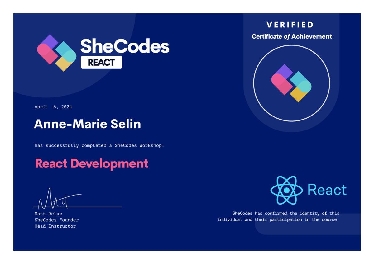 A, Selin React, JSX SheCodes