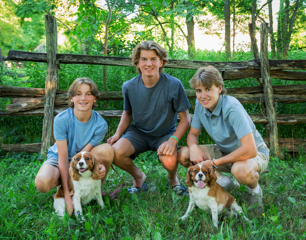 3 brothers and their 2 dogs outdoor family portrait