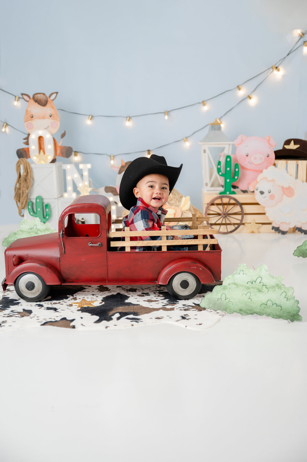 Baby sitting on a mini truck bed wearing a cowboy hat, with farm animals in the background.