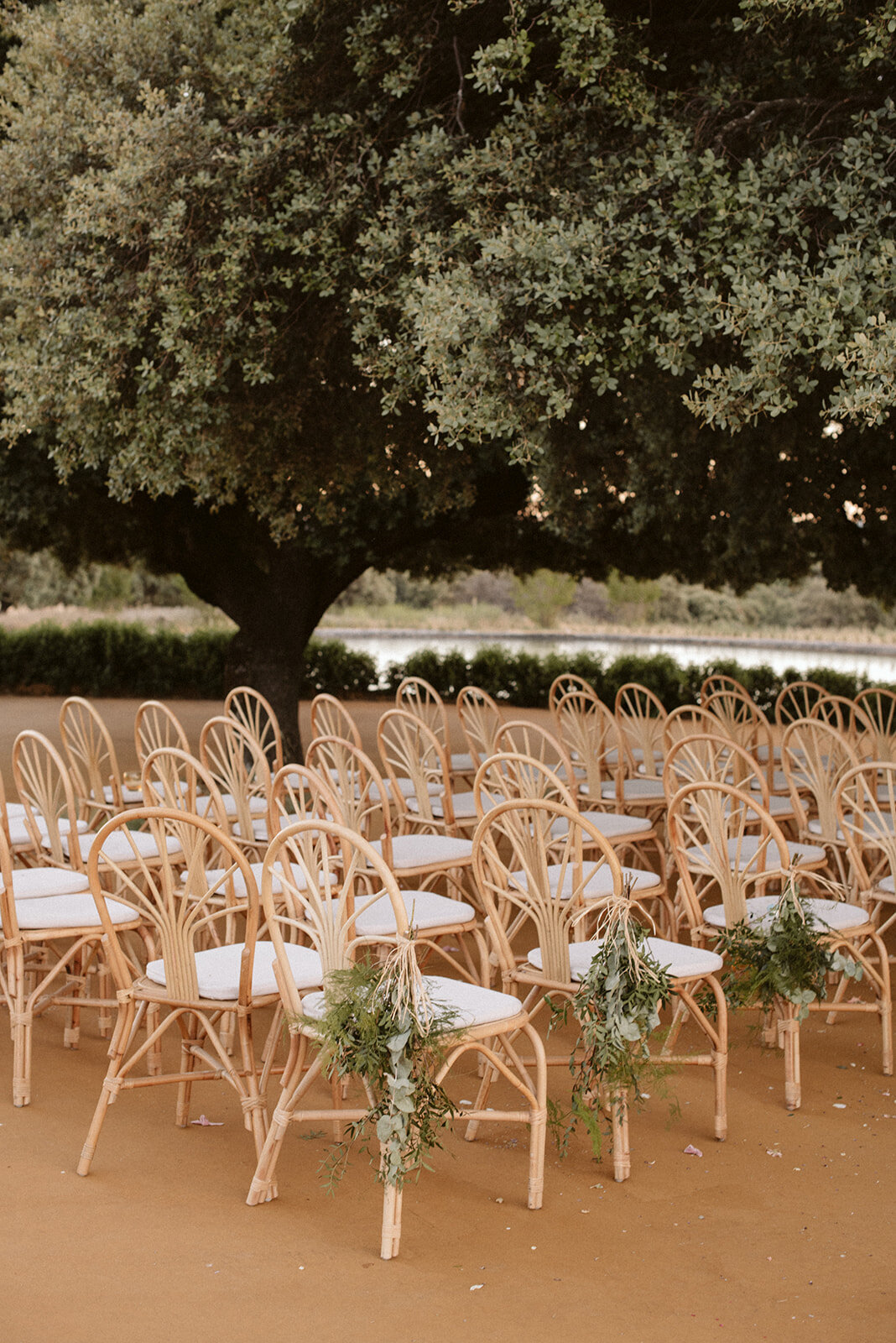 Greenery in the chairs of the ceremony