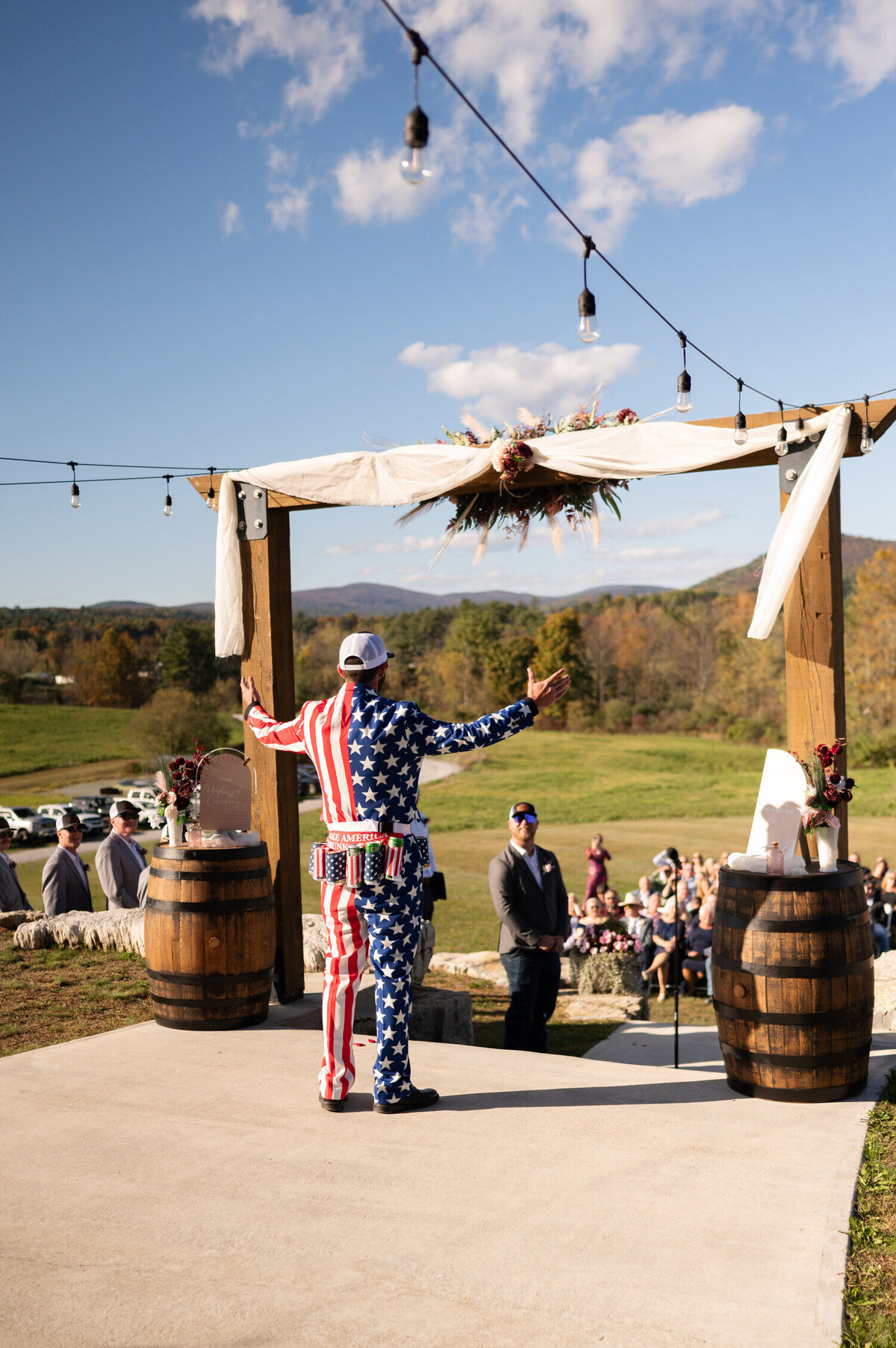 The beer boy basking in all his glory during a Fall wedding at Country Meadows Barn in Fort Ann, NY.