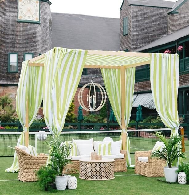 Cabana Lounge Structure, Sandstone Chandelier, Striped Fabric Cabana, Green and White Stripes