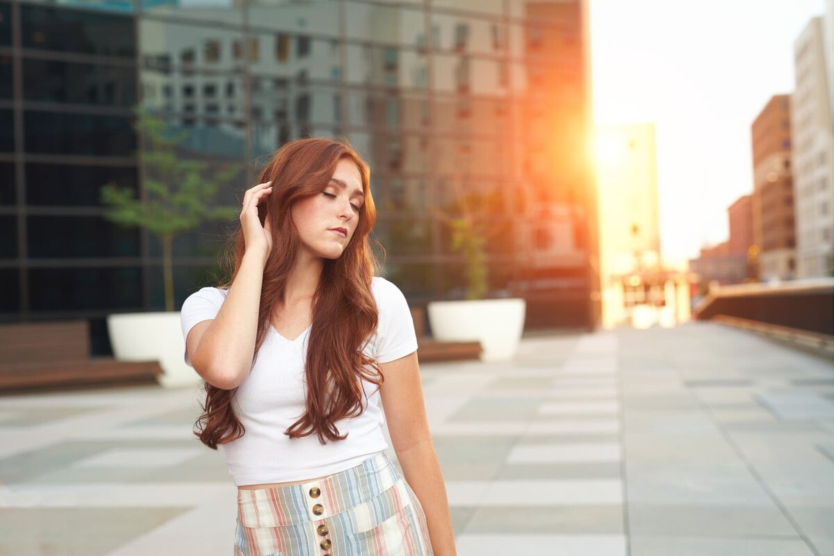 Stylish High School Senior Picture on Urban Rooftop at Sunset-14