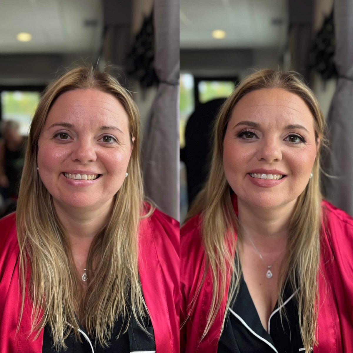 Oshkosh bride showing her look with and without makeup.