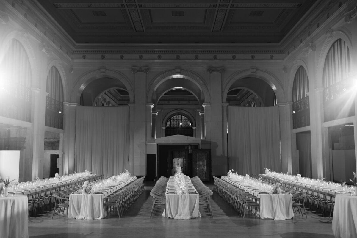 Editorial black and white film wedding photo of a unique wedding venue in Detroit, State Savings Bank