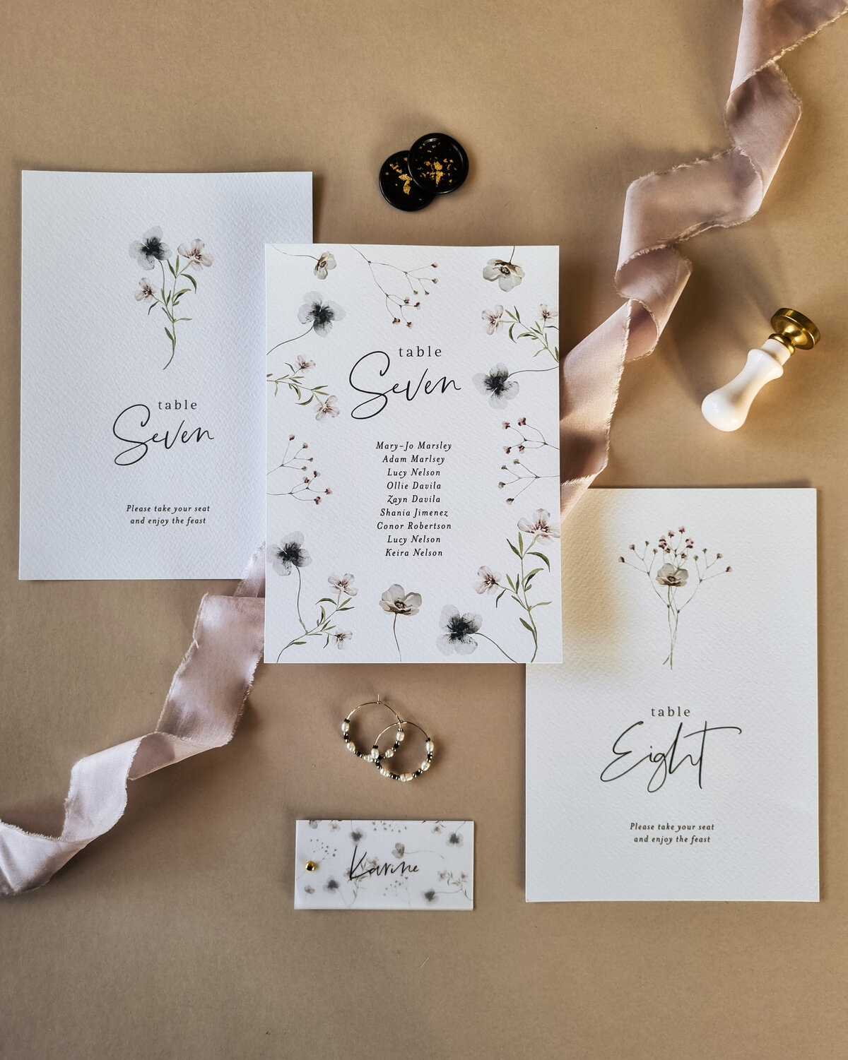 On the day wildflower wedding stationery in blue, blush and nude