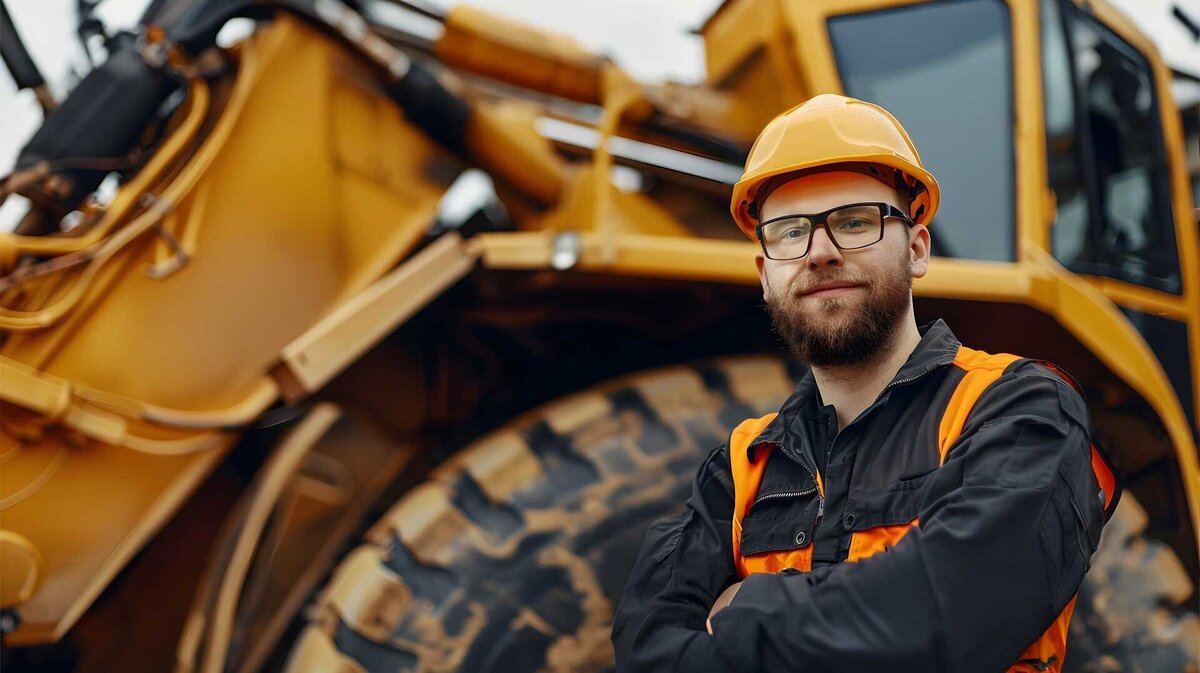A male construction worker standing in front of heavy machinery.