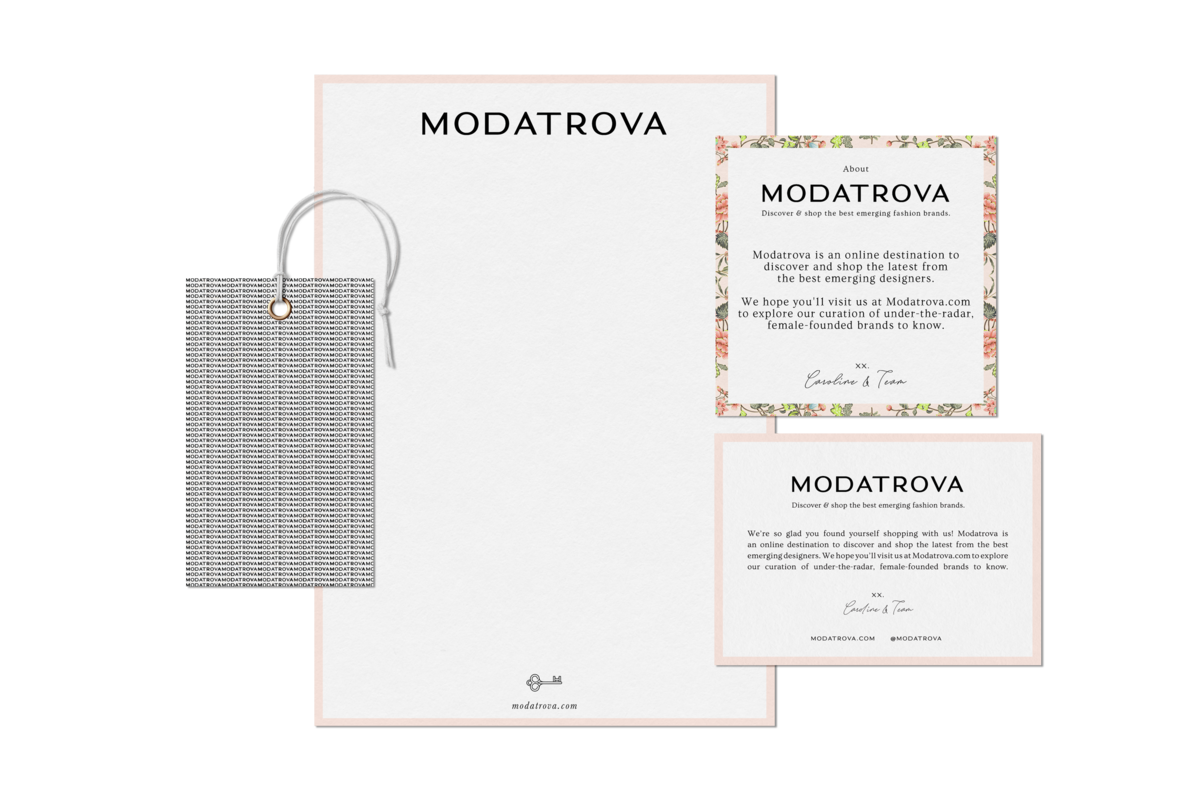 Modatrova Stationary flat lay mockup featuring apparel tag, letterhead and marketing material inserts